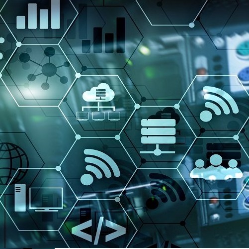 ICT - information and telecommunication technology and IOT - internet of things concepts. Diagrams with icons on server room backgrounds.